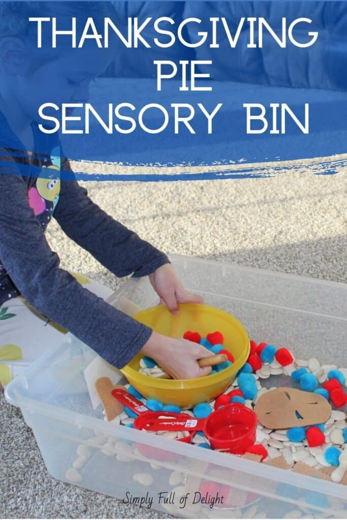 Thanksgiving pie sensory bin - child stirring beans and pom poms in a pie sensory activity bin