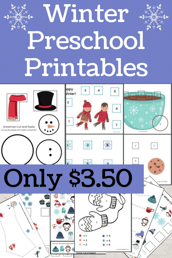 Winter Preschool Printables - cut and paste cocoa cup, kids skating, and snow man activities shown along with a pile of other winter preschool activities