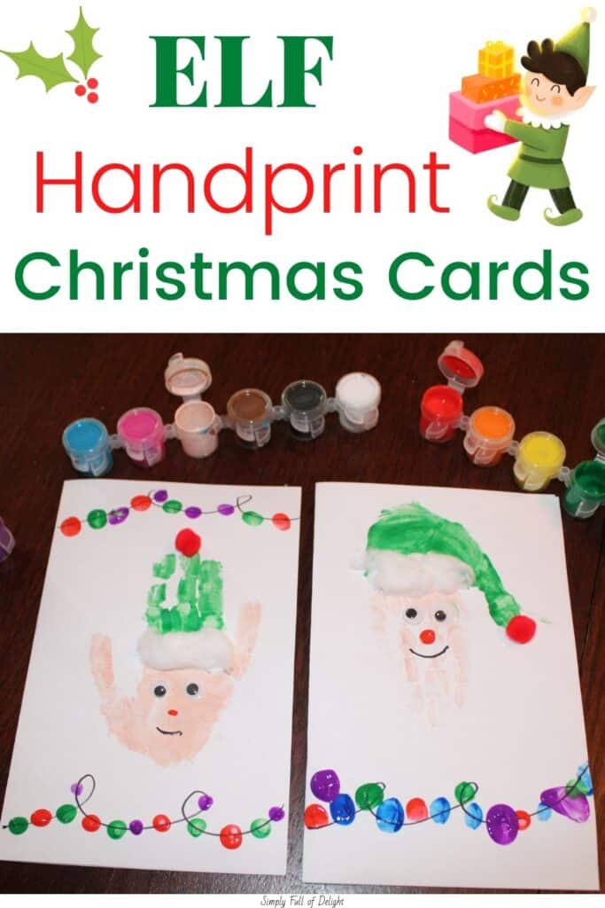 Elf Handprint Christmas Cards - 2 handprint elf cards shown with a variety of paint pots.