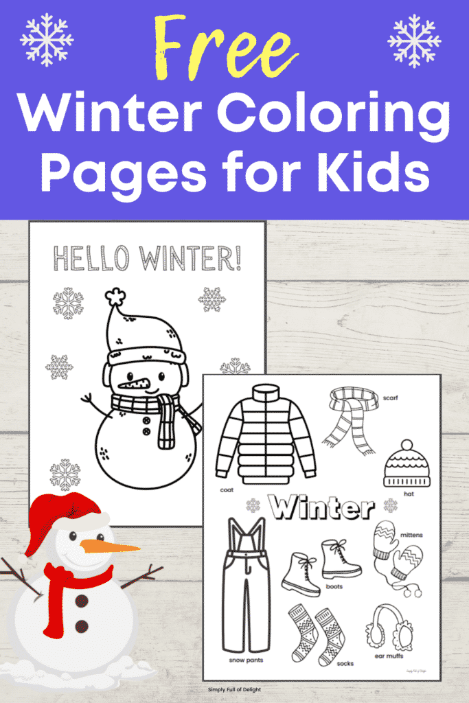 Free Winter Coloring Sheets for Kids - 2 free coloring pages shown including a snowman coloring page and a winter clothes worksheet for preschool