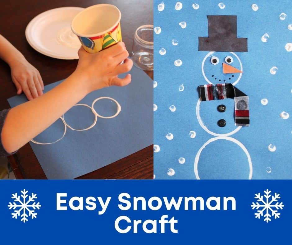 Easy Snowman Craft by Simply Full of Delight - child stamping a cup into paint to create a snowman