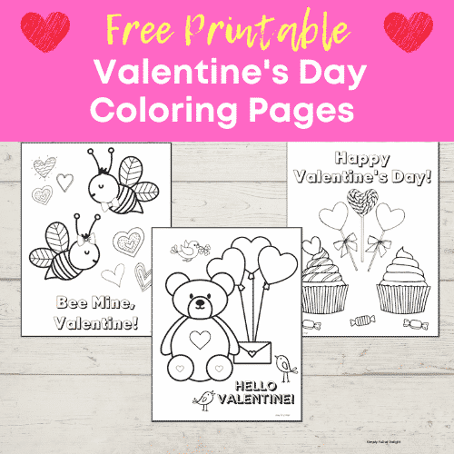 free printable valentine coloring pages including a bee, teddy bear, and cupcakes