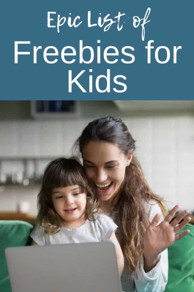 Epic List of Freebies for Kids  - mom with child shown looking at computer