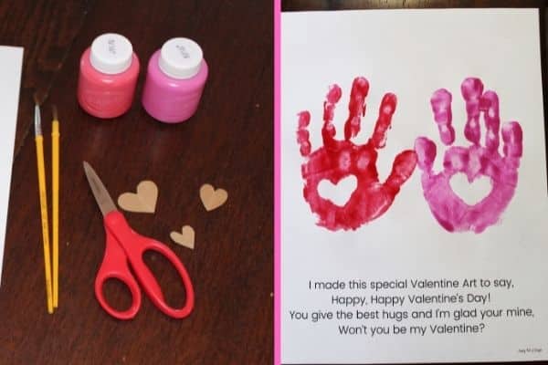 Handprint heart valentine's day poem for preschool - supplies needed shown include paint, scissors, hearts of cardstock, paint brushes and a completed handprint on the free poem printable.