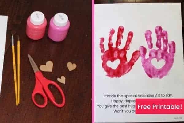 Handprint heart valentine's day poem for preschool - supplies needed shown include paint, scissors, hearts of cardstock, paint brushes and a completed handprint on the free poem printable.