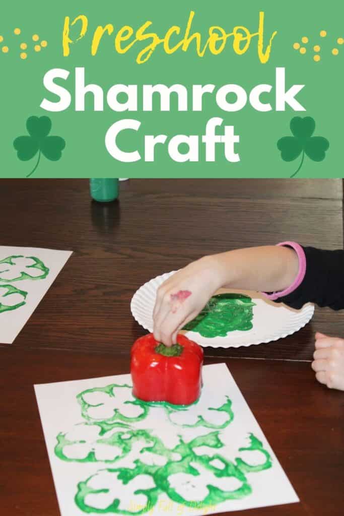 Easy Preschool Shamrock Craft - child shown stamping a pepper into green paint and printing 4 leaf clovers for an easy St. Patrick's day craft for kids