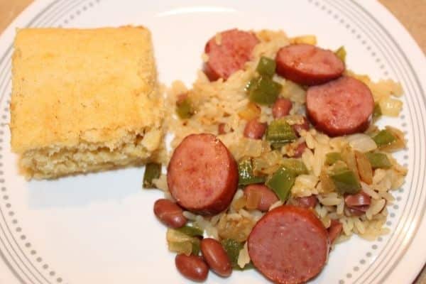 Red beans and rice on a plate with cornbread