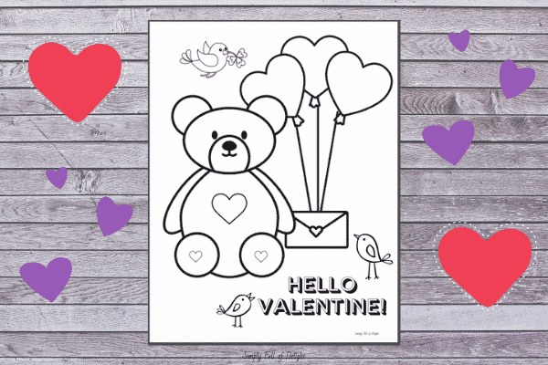 Teddy bear valentine coloring page