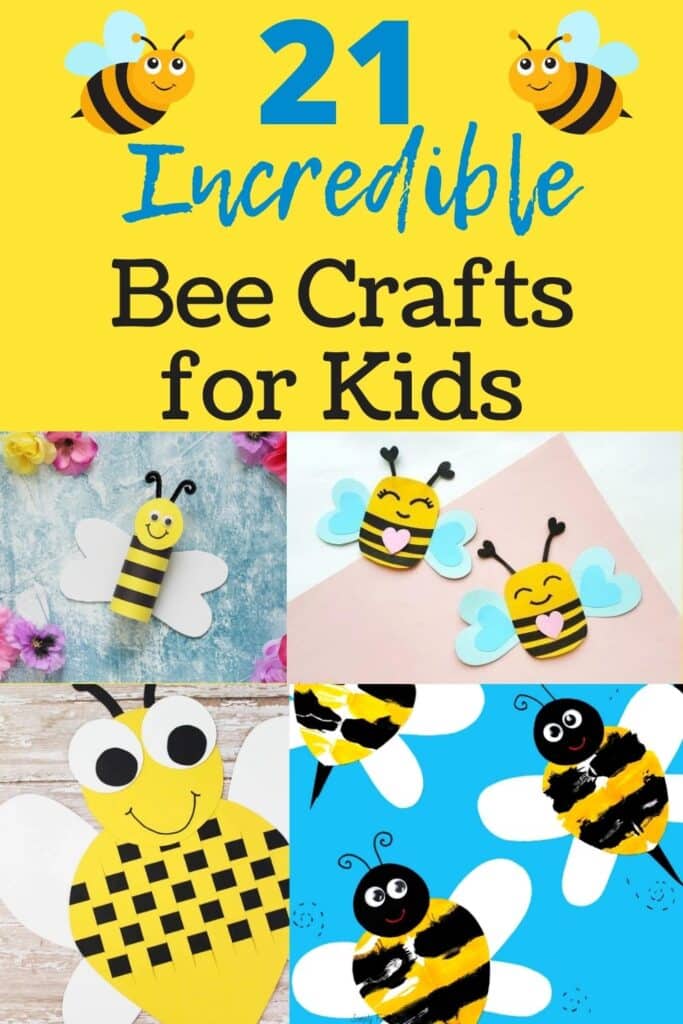 21 Bee Crafts for kids - bee crafts including a symmetry bee, a weaving bee, a paper bee, and a toilet paper bee craft