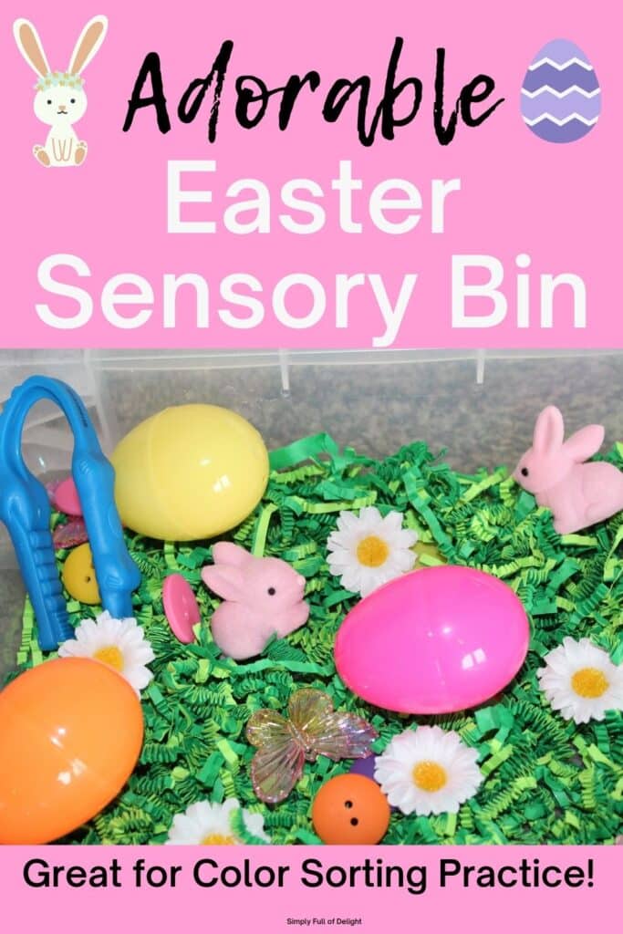 Adorable Color Sorting Easter sensory bin!  Preschool age kids will enjoy this Easter sensory play idea!  There's green paper shred, plastic eggs, bunnies, butterflies, tongs, and more!  Sensory play is great for building imagination, fine motor skills and more!