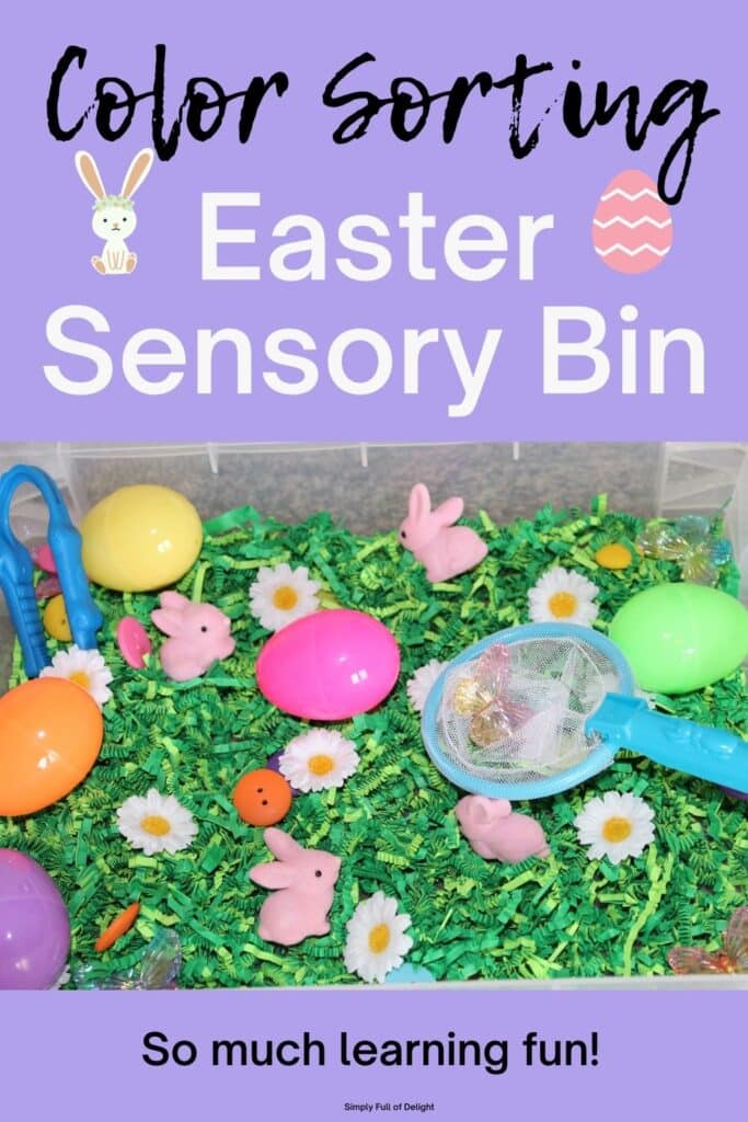 Color Sorting Easter Sensory Bin - So much learning fun!  Preschool age kids will enjoy sorting the contents of this Easter sensory play activity!  There's buttons, eggs, bunnies, butterflies and more!