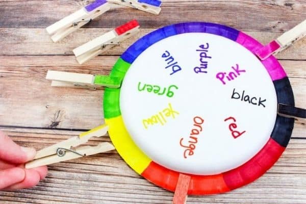 Rainbow Wheel Color Matching game by The Soccer Mom Blog - large group activities for preschool