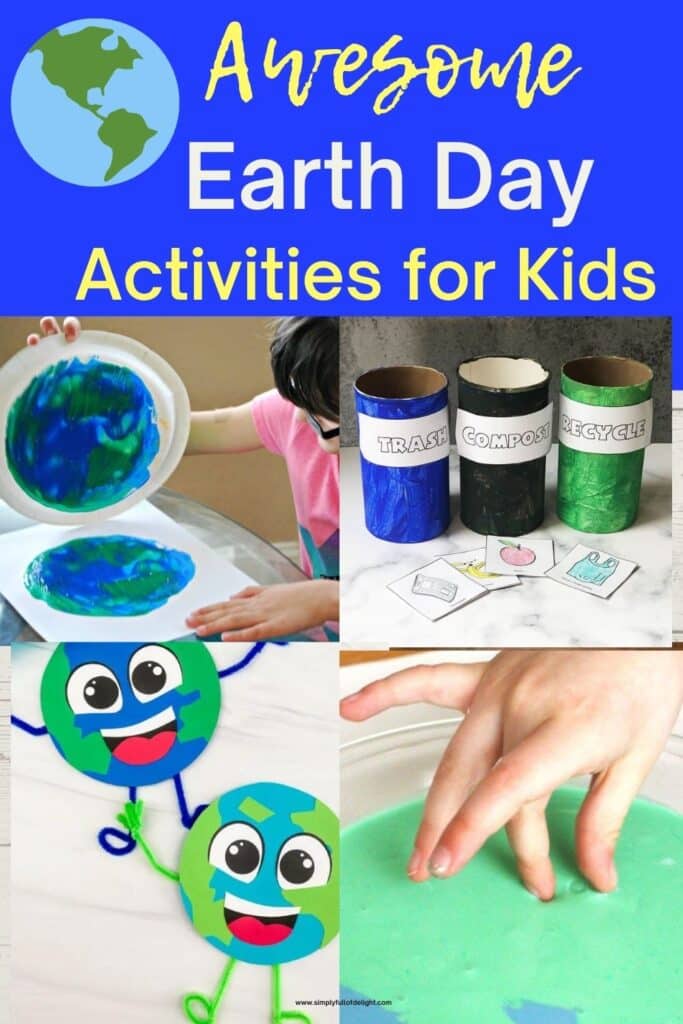 Awesome Earth Day activities for kids, Earth paint stamping, paper Earth craft, Earth oobleck, and a recycling activity for kindergarten and preschool