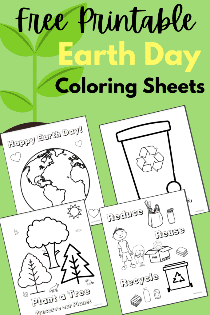 Free printable Earth Day Coloring Pages for kids, 4 free Earth day coloring sheets shown including the world, recycling bins, plant a tree and more!