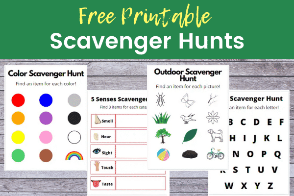 Large group activities for preschoolers - Free printable scavenger hunts including a color hunt, abc hunt, 5 senses scavenger hunt, and an outdoor hunt