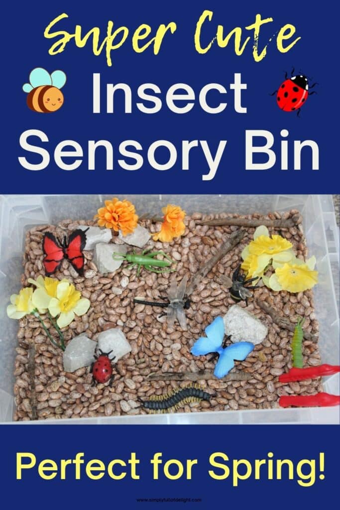 Super Cute Insect Sensory Bin!  The perfect sensory bin for spring!  Great for preschool and kindergarteners to learn about bugs and insects through sensory play.  Pictured: a variety of colorful bugs in a bin with brown beans, rocks, sticks, and flowers