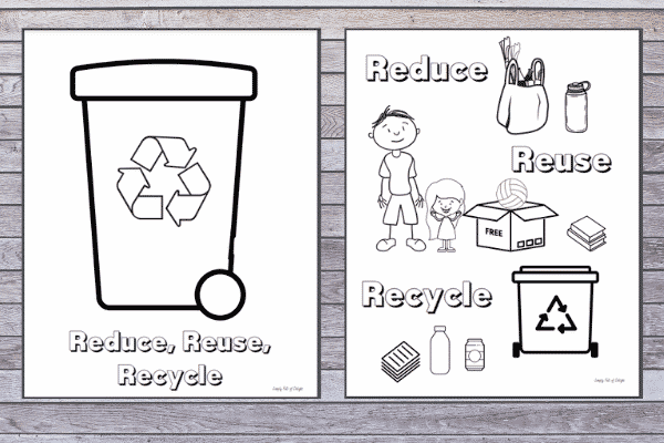 Reduce Reuse Recycle Coloring pages for Earth Day - First coloring page shows a recycling bin, 2nd page shows each of the steps of Reduce, reuse, recycle to explain process to children