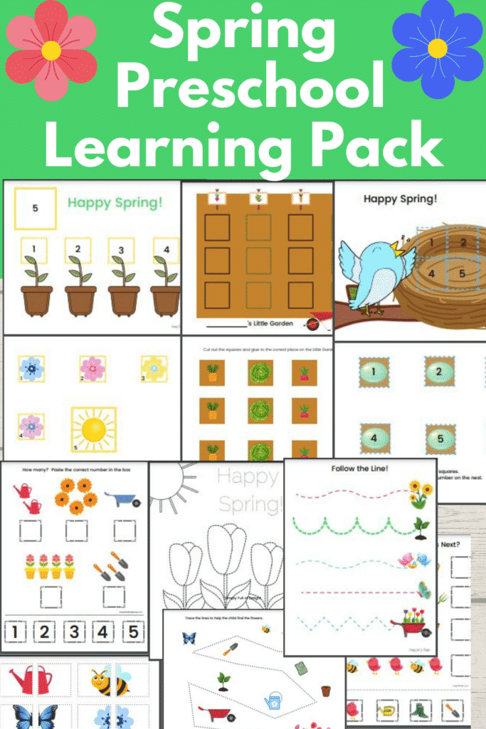 Spring Preschool Learning pack including tracing worksheets, spring themed cut and paste activities, a matching game and more!