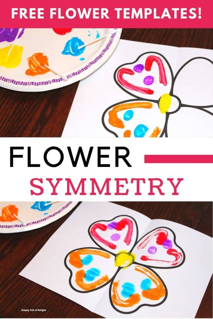 Flower Symmetry art for kids - a fun flower craft for kids that is perfect for a spring craft preschool - shown: a flower painted partially along with a finished symmetry printed flower