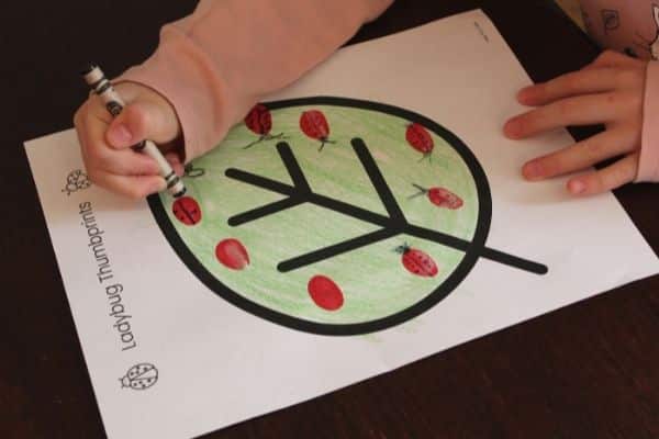 Thumbprint ladybugs - drawing the details onto the thumbprints