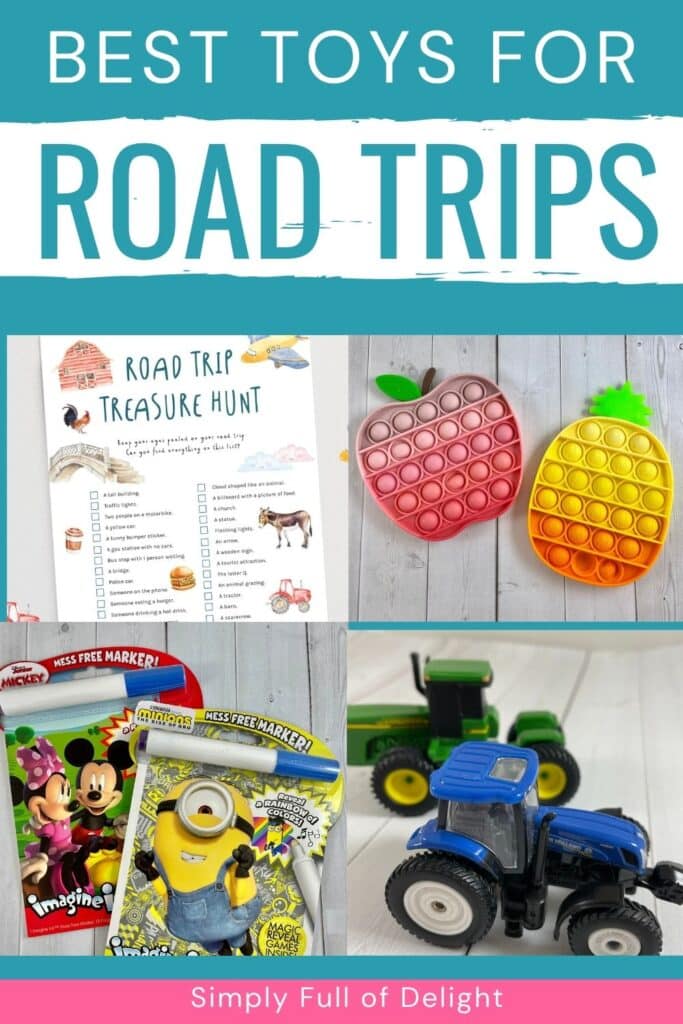 Best toys for Road Trips - Find amazing travel toys for kids for your next family vacation.  Shown: scavenger hunt, tractors, imagine ink and pop fidget toys shown