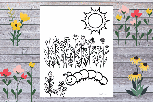 Caterpillar in a garden coloring page - a free printable caterpillar coloring sheet for kids