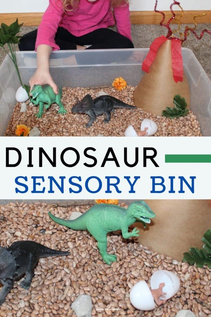 Dinosaur Sensory Bin - Create an incredible dino sensory play experience for your little ones with beans, dinos, and nature items.   So much preschool learning fun!