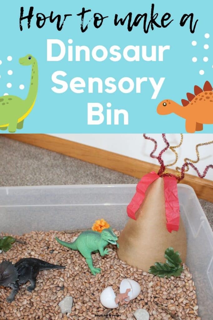 How to make a dinosaur sensory bin  - this dinosaur sensory play idea is perfect for preschoolers and kindergarteners.  Learn how to make a paper volcano, and dino sensory bin today.