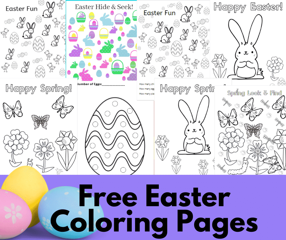 free Easter coloring pages including an easter egg, spring flowers, easter bunny and some seek and find pages