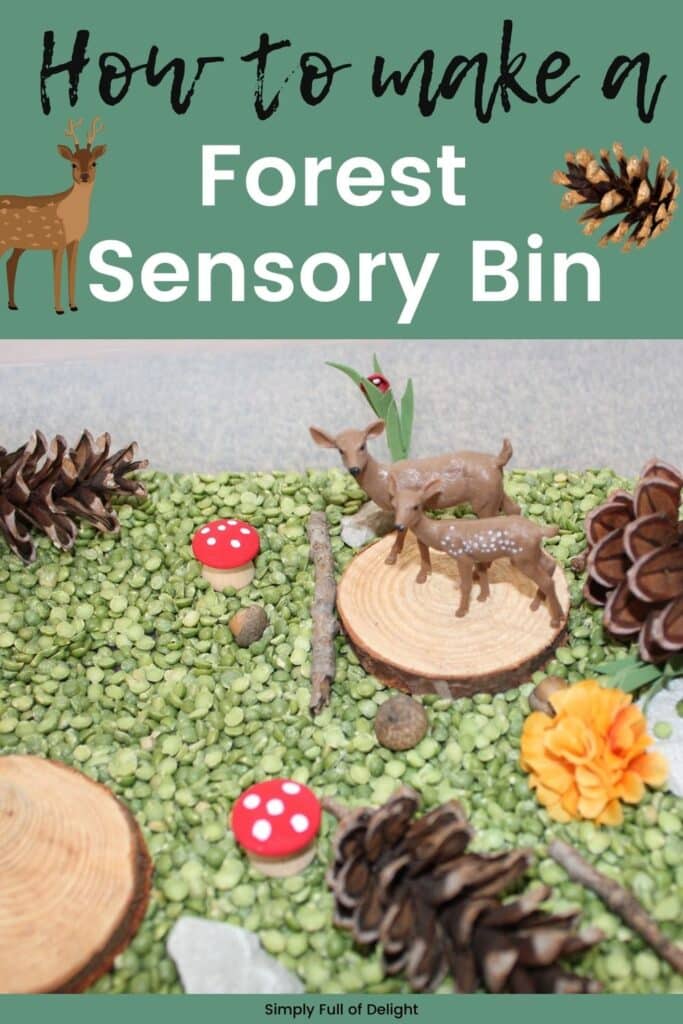 How to make a Forest Sensory Bin - Here's a fun sensory play activity for preschoolers!  Make a woodland sensory bin from green split peas, items from nature, and woodland creature figurines.