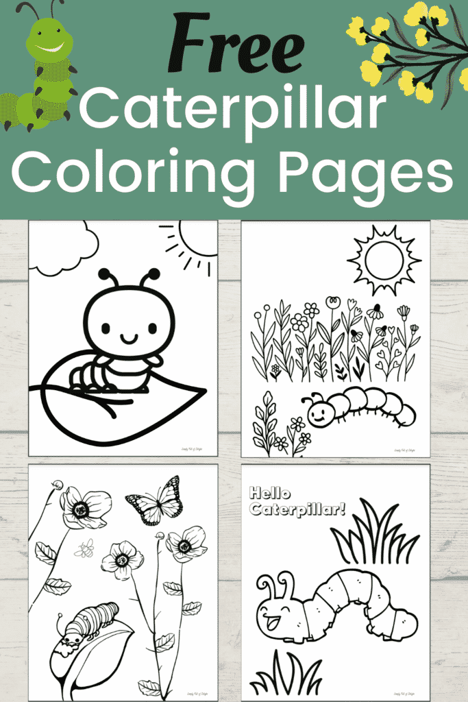 Free caterpillar coloring pages for kids - 4 free printable caterpillar coloring sheets including a caterpillar with a butterfly, a caterpillar inching along on the ground, and more.