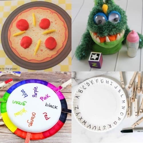large groups activities for preschoolers including feed the monster, pizza playdough mat, a color wheel, and an abc wheel game