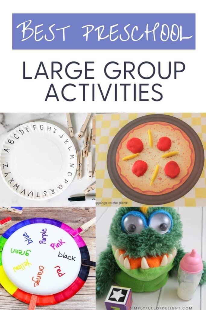 Best Preschool Large Group Activities - Find great ideas for Circle time and large group activities for preschoolers.  Shown: abc matching wheel, a pizza play dough mat, a color wheel matching game, and a monster puppet game