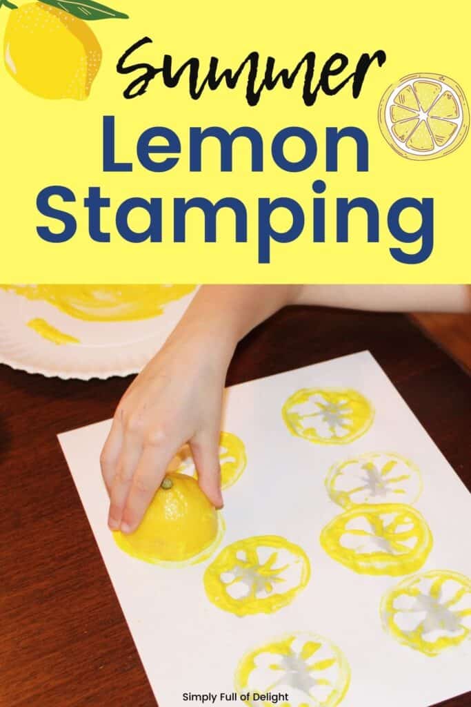 Summer Craft for preschoolers - Lemon stamping process art - child stamps a lemon into yellow paint and makes prints onto a white sheet of paper.