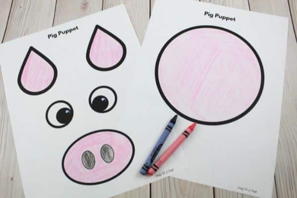 pig paper bag puppet template colored with crayons