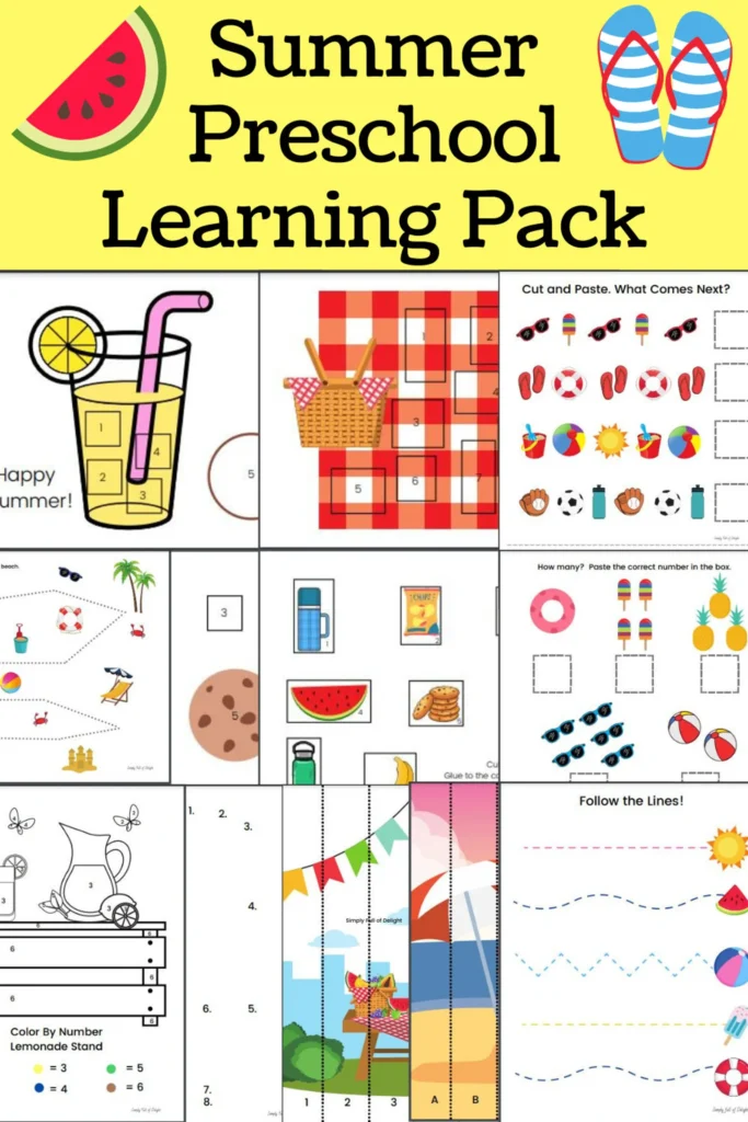 Summer preschool learning pack including cut and paste activities, tracing, patterns and more.  Features a picnic and lemonade theme.