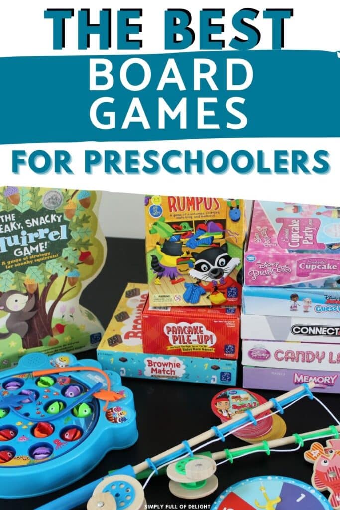 Best Games for Preschoolers - the Best Preschool Board Games - An assortment of preschool games shown including raccoon rumpus, squirrel game, connect 4, cupcake party, pancake pileup, memory, brownie match, candy land, guess who, and two fishing games