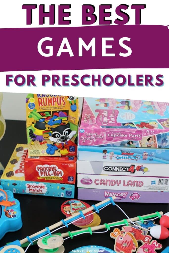 The Best Games for Preschoolers - Amazing Preschool Board Games #prek #boardgames   An assortment of preschool games shown including raccoon rumpus, sneaky snacky squirrel game, connect 4, cupcake party, pancake pileup, memory, brownie match, candy land, guess who, and two fishing games