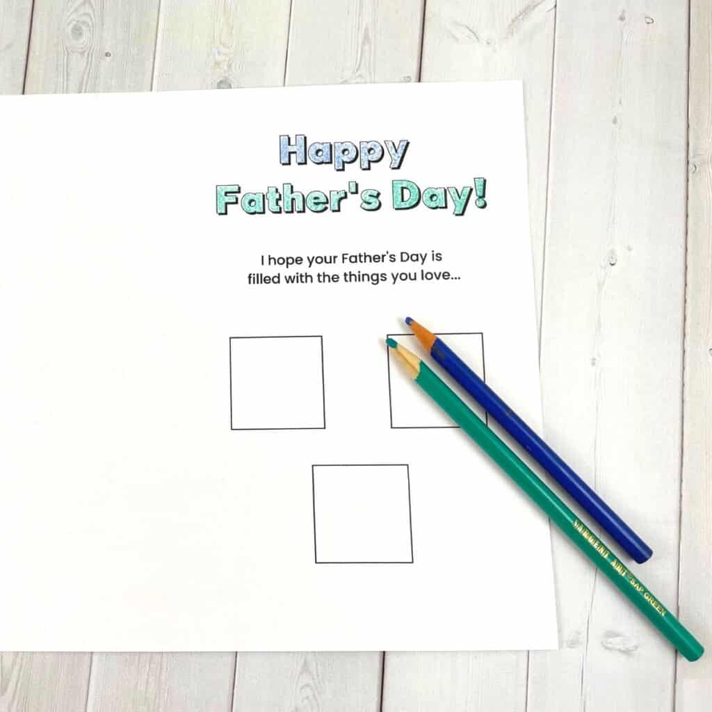 Father's Day printable card from kids colored, pictured with colored pencils