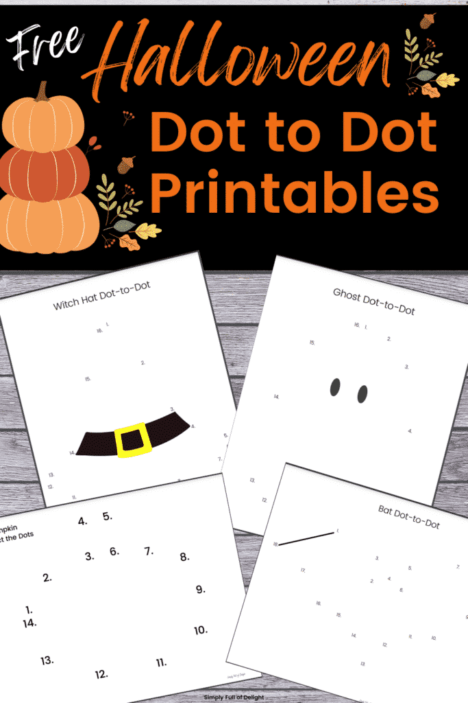 Free Halloween Dot to Dot Printables including a bat connect the dots, a simple pumpkin dot to dot, a witch hat connect the dots and a ghost dot to dot!  Get your free Halloween printables for preschoolers and kindergarteners here.