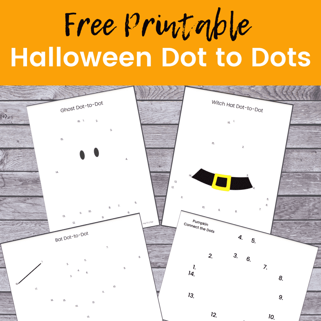 Free printable Halloween dot to dot printables including a witch hat, a ghost, a bat, and a pumpkin!  Perfect for preschool and kindergarten!