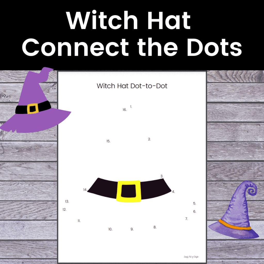 Witch Hat Connect the Dots page -  one of the 4 free Halloween Dot to Dot Printables