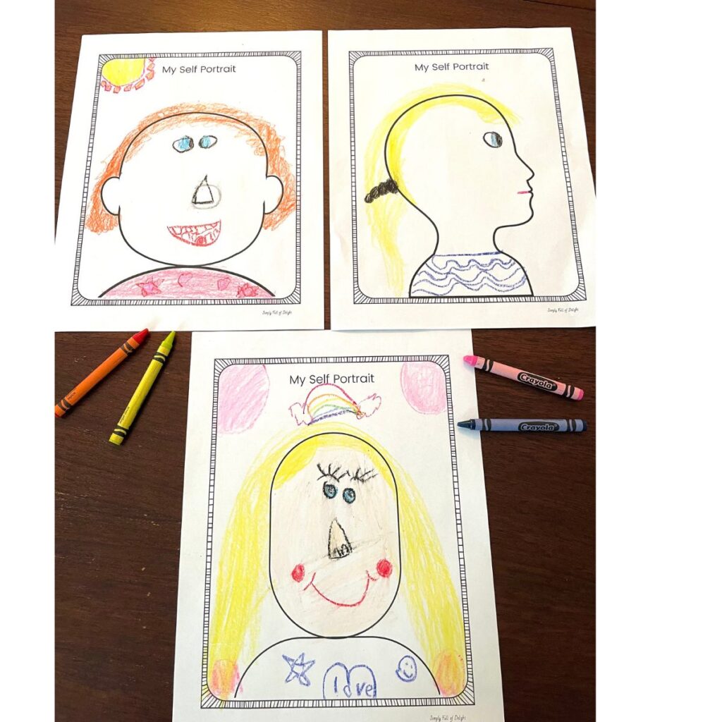 All 3 of the free printable All about Me Self Portraits completed shown with crayons