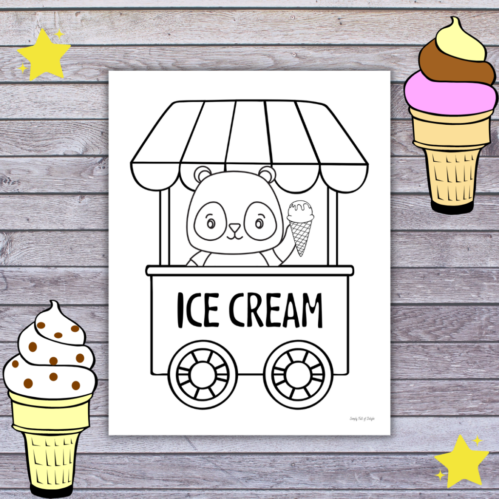 Free printable ice cream cart coloring page for kids - coloring sheet pdf features a panda selling ice cream from an ice cream cart.