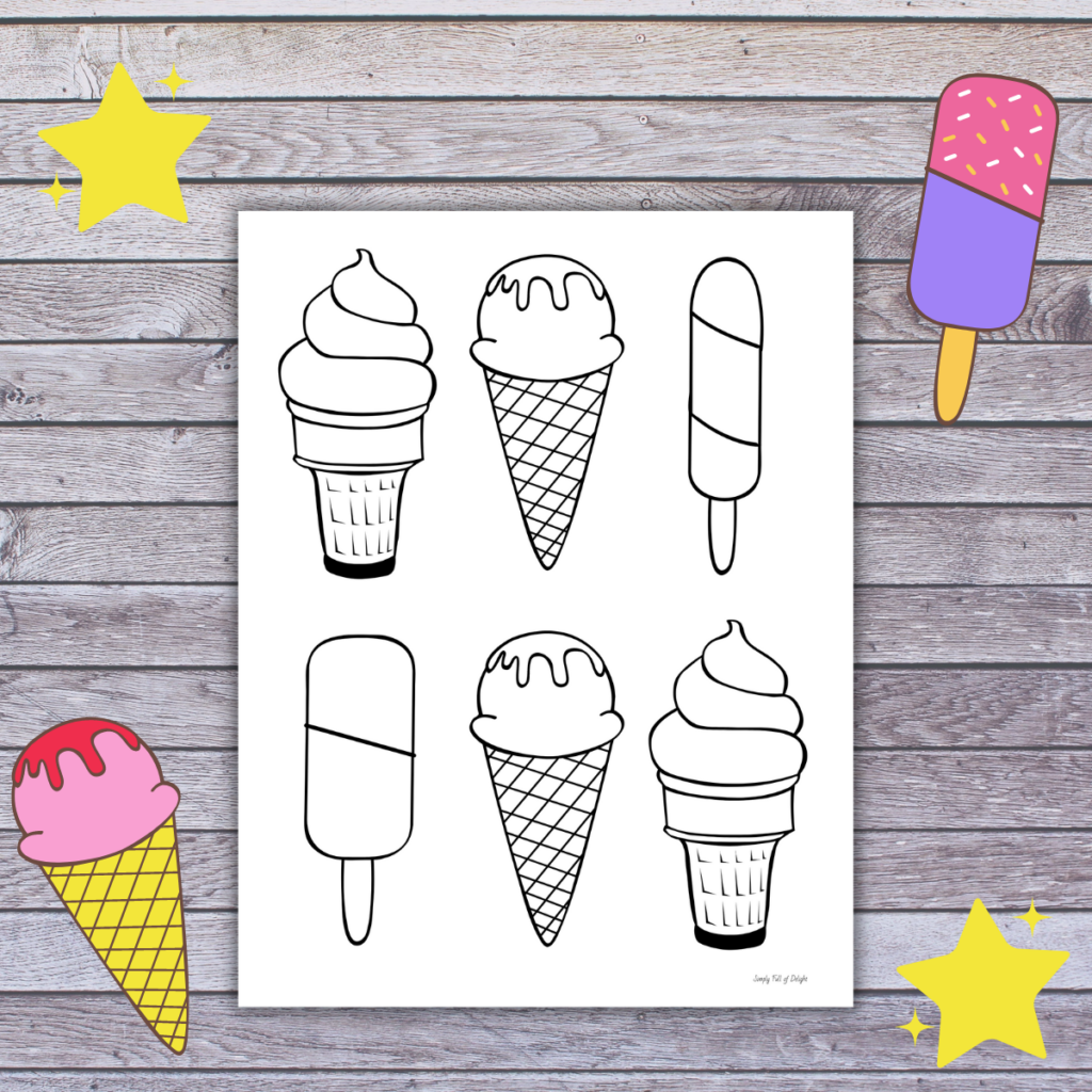 Cute Ice Cream coloring sheet featuring 6 cool treats - 4 ice cream cones and 2 popsicles