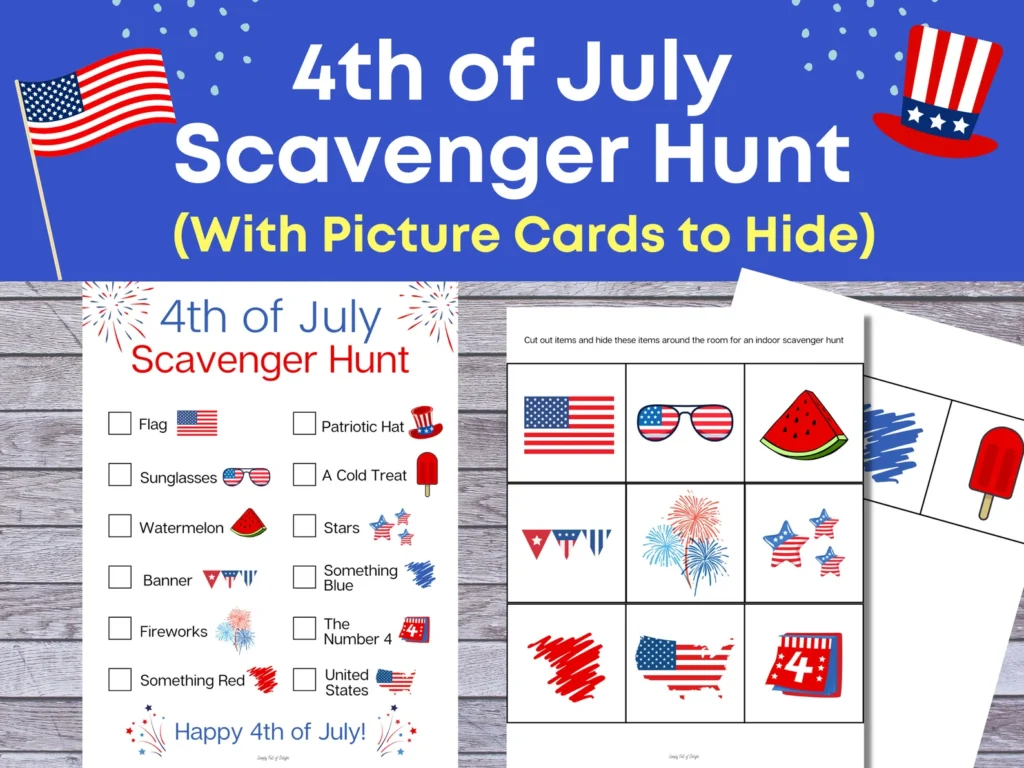 4th of July Scavenger hunt for kids - a great Independence day game with picture cards to hide.