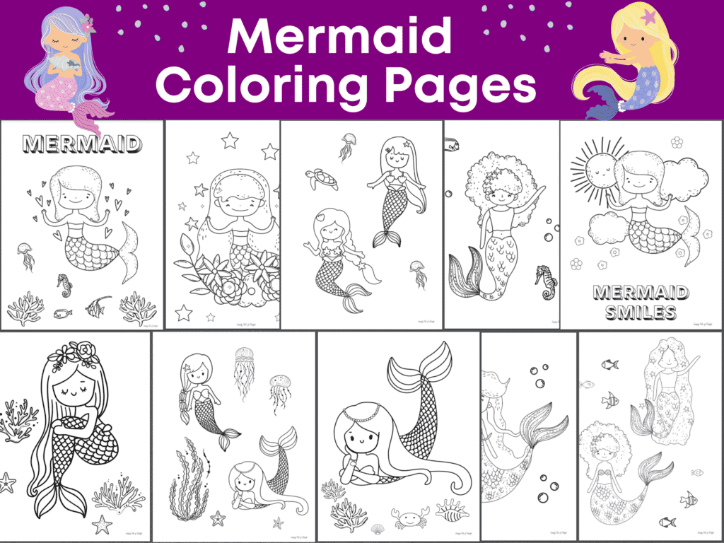 Set of 10 printable Mermaid Coloring pages for kids in my Etsy shop Simply Full of Delight