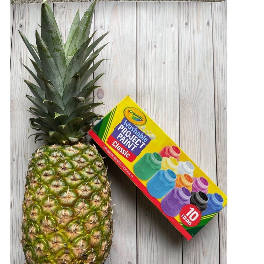 Pineapple Stamping Fireworks Craft for Preschool supplies including a pineapple and kids washable paint