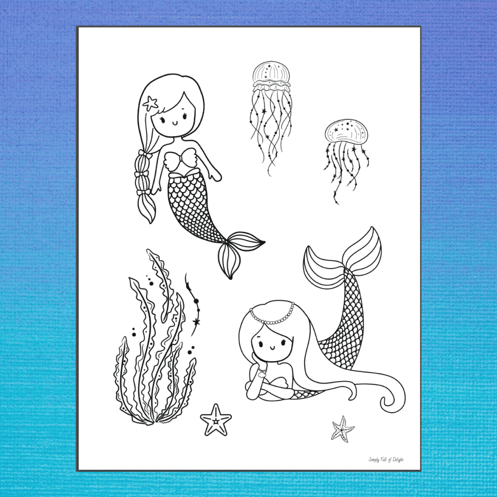 pretty mermaid free printable coloring pages - free coloring sheet featuring 2 pretty mermaids with starfish and jellyfish