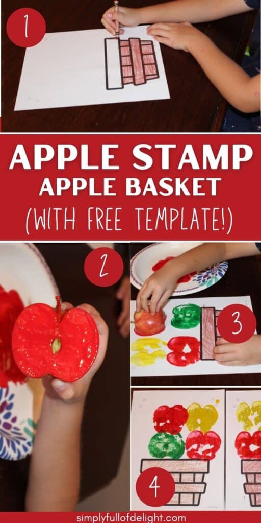 Easy Apple Stamping - Apple basket craft for preschool!  Kids can color the printable, dip apples into red green or yellow paint and stamp apples onto the apple basket template PDF (free printable!)